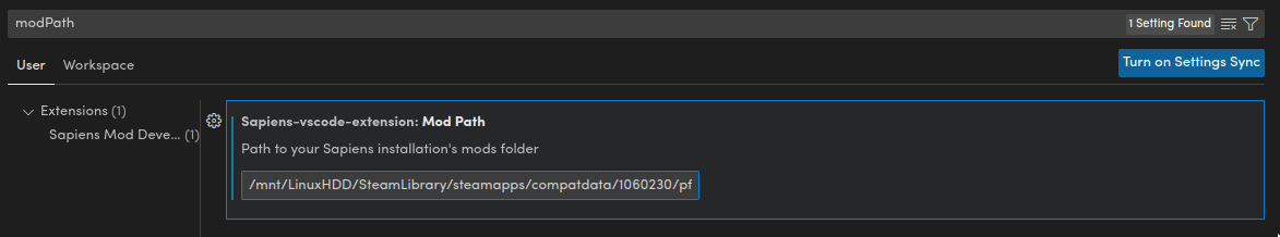 Screenshot of the VSCode Extension modPath configuration