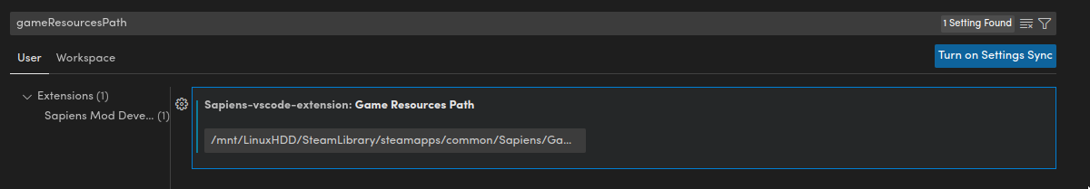 Screenshot of the VSCode Extension gameResourcesPath configuration