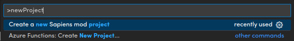 Screenshot of VSCode command palette with the newProject command searched